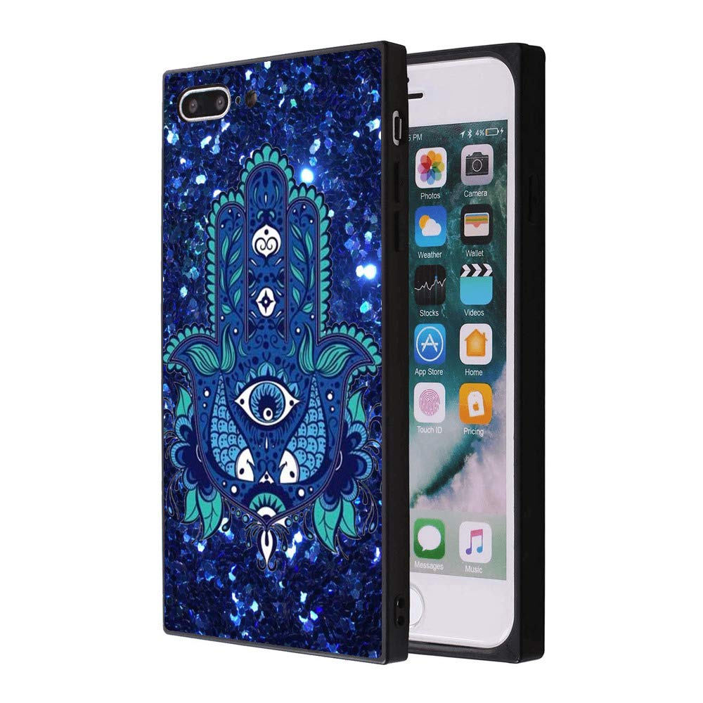 Square Case for iPhone 7 Plus 8 Plus Blue Hamsa Hand Cover for Slim Soft Flexible Shockproof Smooth Hard Case for iPhone 7 Plus 8 Plus Holographic Glossy Full Protection Glitter TPU Back Cover