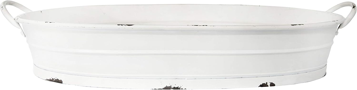 Creative Co-Op Oval Distressed Metal Tray with Handles Decorative Accents, Size: 6.25 x 33.75 inches, White