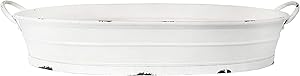 Creative Co-Op Oval Distressed Metal Tray with Handles Decorative Accents, Size: 6.25 x 33.75 inches, White