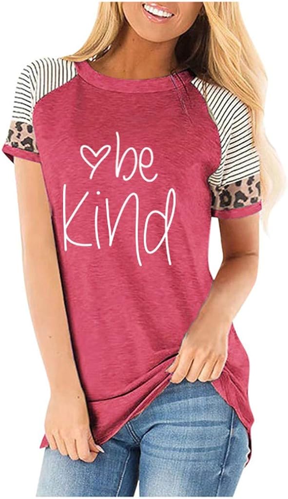 Casual Cute Shirts for Women,MOHOLL Comfy Short Sleeve Leopard Print Tops Be Kind Blouse Tunic T Shirts