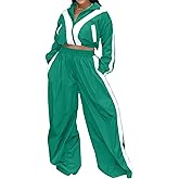 Women Striped 2 Piece Outfits Fall Workout Sets Windbreaker Tracksuit Crop Jacket Wide Leg Pants with Pockets