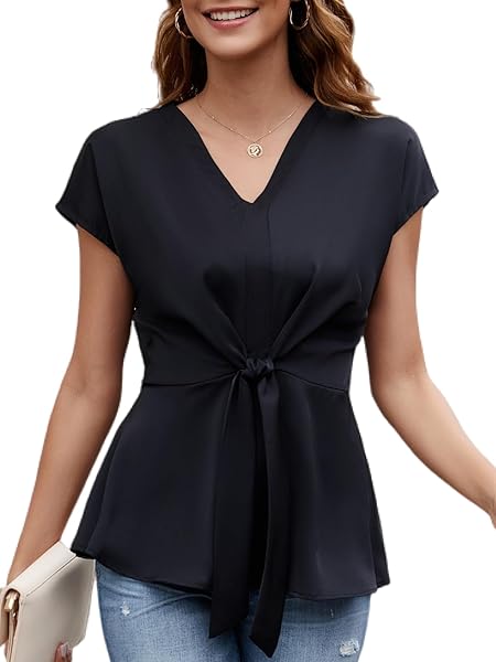 CICIBIRD WOMEN 2024 ELEGANT SHIRT SUMMER WORK TOPS CASUAL TIE FRONT PEPLUM BLOUSE BLACK S