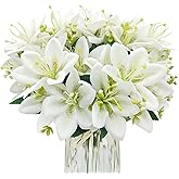 FOUSUKA 4 Bundles Artificial Tiger Lily Silk Flowers Faux Fake Lilies Plants for Wedding Bouquet Home Party Indoor Table Hotel Office Vases Floral Arrangements Outdoor Garden Decor (White)