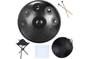 TREELF Handpan Drums Sets D Minor 22 inches Steel Hand Drum with Soft Hand Pan Bag, 2 handpan mallet,Handpan Stand (10 Notes, Black)