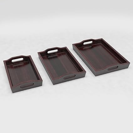 Anjana Decor Solid sheesham Wood Creative Serving Tray Set of 3 Tray with Handles- Mahogany Finish