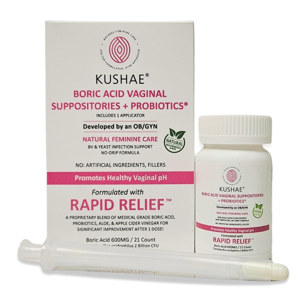 Kushae Boric Acid Suppositories + Rapid Relief with Applicator, All Natural Female Suppositories with Probiotics & Aloe Vera, Relieves Discomfort & Balances pH Level