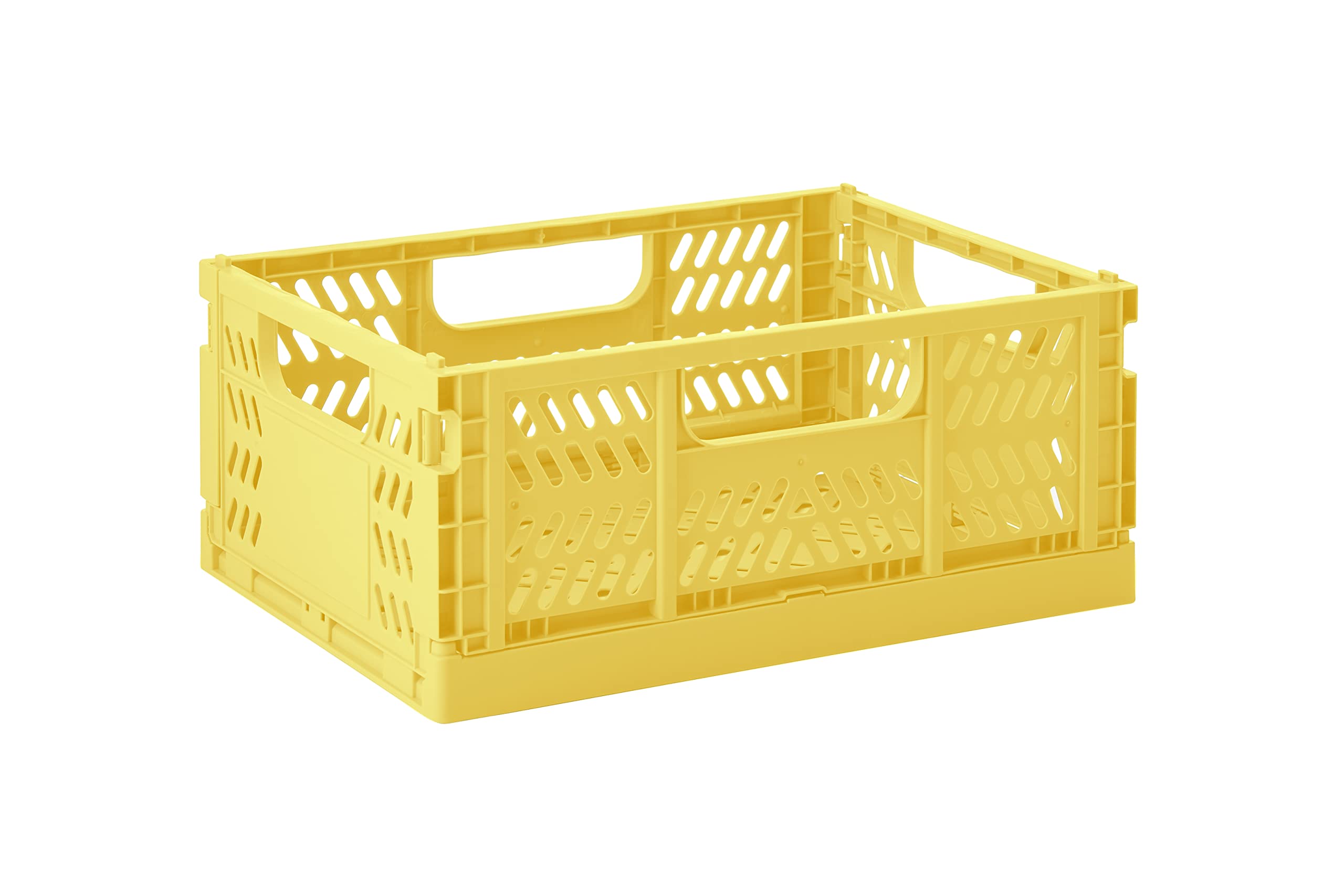 3 Sprouts Recycled Plastic Collapsible Crate - Stackable Foldable Storage Box for Easy Organizing, Durable Folding Crate for Home or Office Use - Medium - Yellow