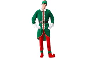 Boveco Elf Costume for Men Christmas 6 PCS Deluxe Santa Helper Outfit Adult Suit Holiday Party Xmas Halloween Cosplay