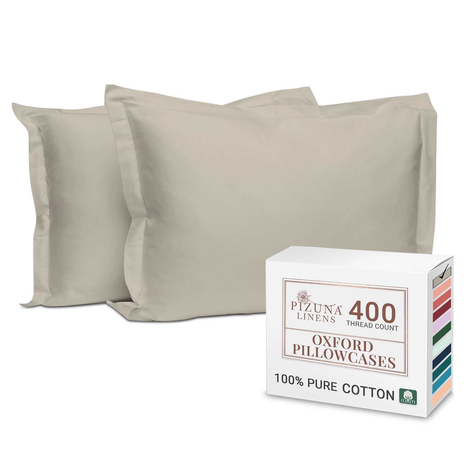 Pizuna 100% Cotton Standard Pillowcases 2 Pack Simply Taupe 50x75cm, 400 Thread Count Long Staple Combed Cotton Soft Pillow Cover, Sateen Weave Oxford Pillow Cases (Cooling Pillowcase 2PC)