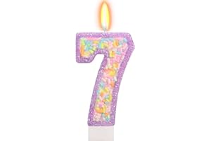 ElekFX Number 7 Birthday Candle with Sprinkles, Pastel Purple Unicorn Rainbow Cake Topper, Sweet Candyland Party Decorations for Girl Boy 7th Birthday