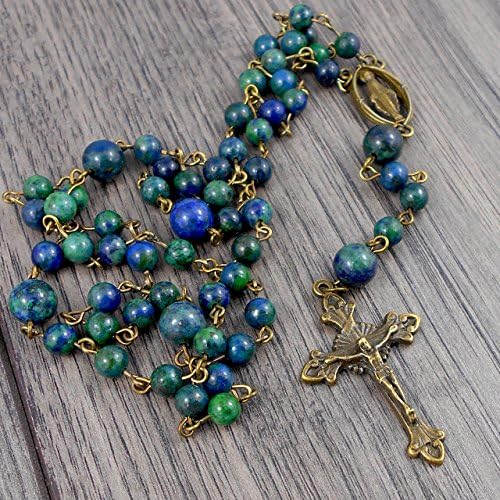 Blue &amp; Green Chrysocolla Rosary with Our Lady of Grace centre, includes Gift Box