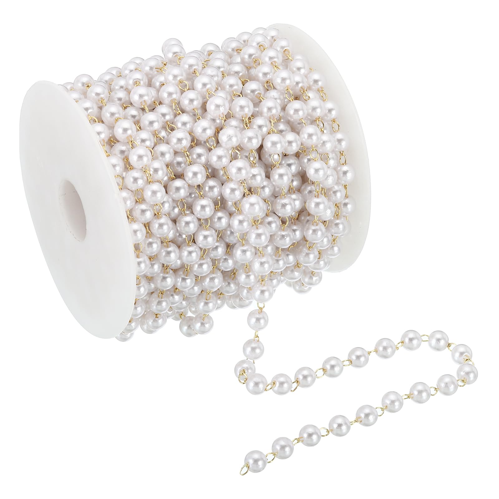 PATIKIL 10m/33 Feet Faux Pearl Beading Chain with Spool, 6mm Brass Chain Link for Decoration Making DIY Accessories Style 1, Light Gold