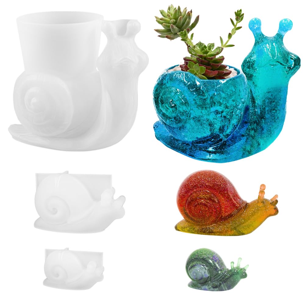 3 Pcs Snail Resin Moulds, FineGood 3D Cute Snail Siliocne Moulds for Resin Epoxy Resin Moulds Storage Box Flower Pot DIY Resin Mold for Home Garden Decor