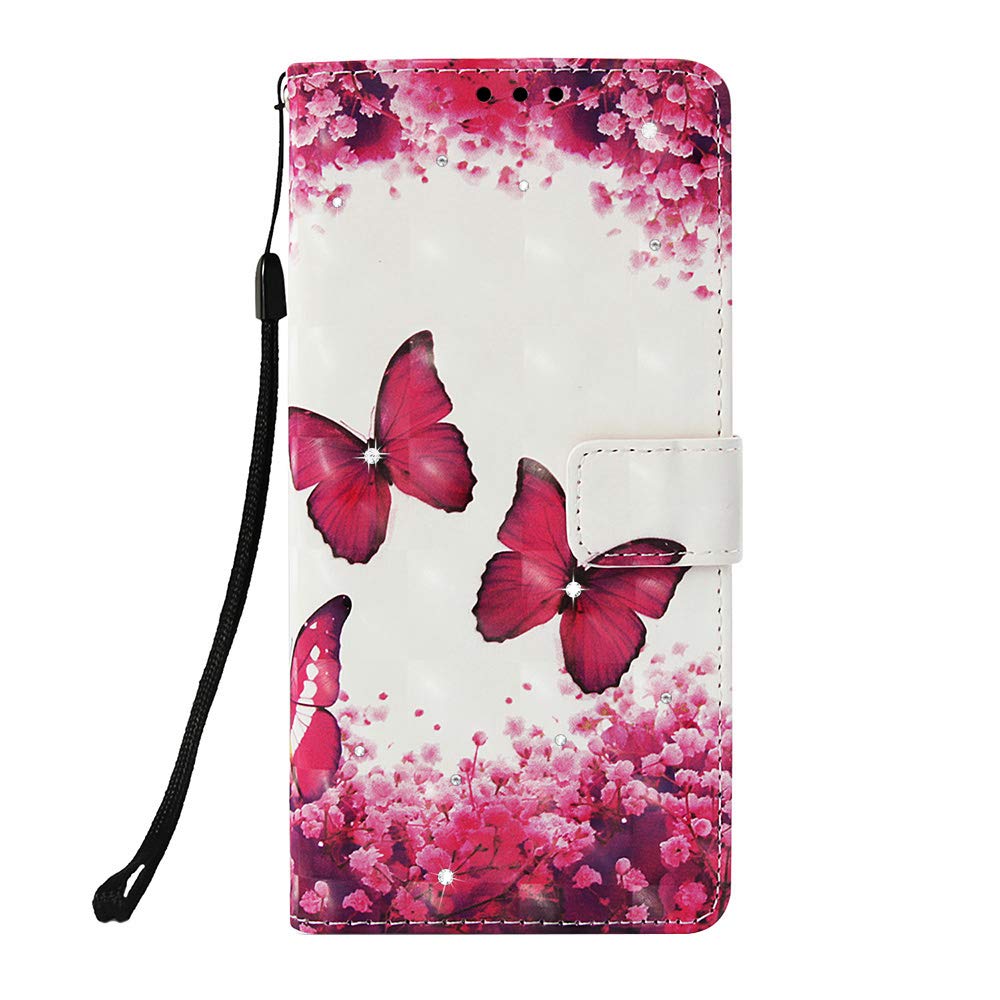 Samsung Galaxy A21s Case Glitter Shockproof Full Protection Bookstyle Leather Wallet Flip Folio Cover With Magnetic Closure Kickstand Phone Case for Samsung A21s Phone Case Bling, Red Butterfly