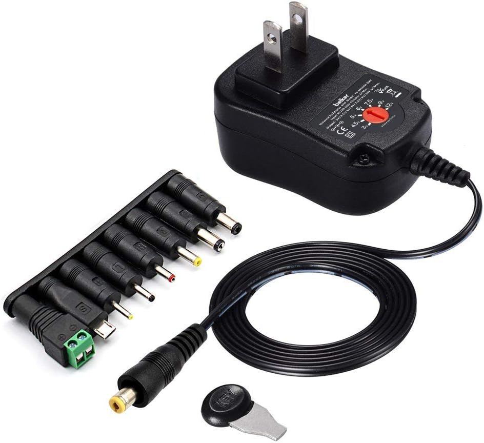 Belker 12W 3V 4.5V 5V 6V 7.5V 9V 12V Adjustable Voltage Universal AC/DC Adapter Power Supply for Household Electronics - 1A Max. [BN]: Home Audio & Theater