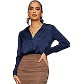 Floerns Women's Satin Long Sleeve Button Up Blouse Work Office Silky Shirts Tops