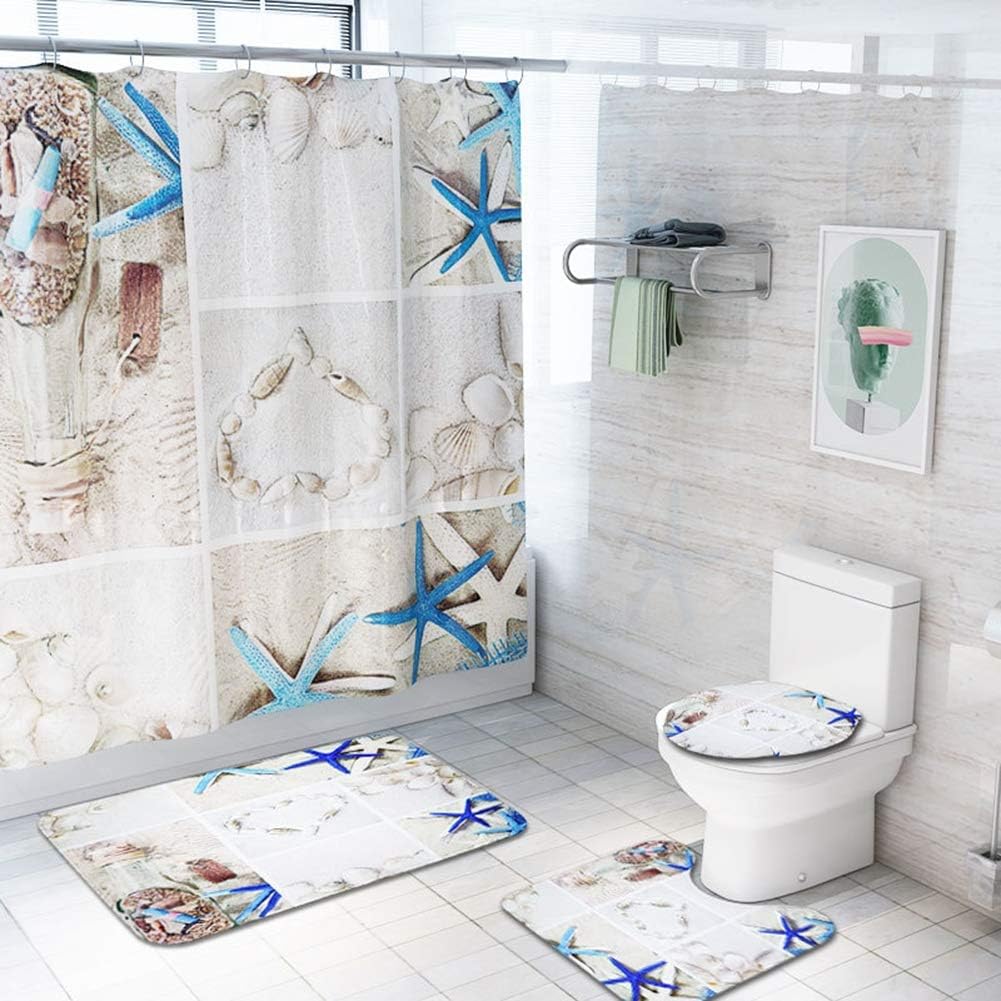 YGNNA 4-Piece Shower Curtain Set Bathroom Non-Slip Pedestal Rug Lid Toilet Cover Bath Mat Shower Curtain with Hooks, 3D Print Sea Star Horse