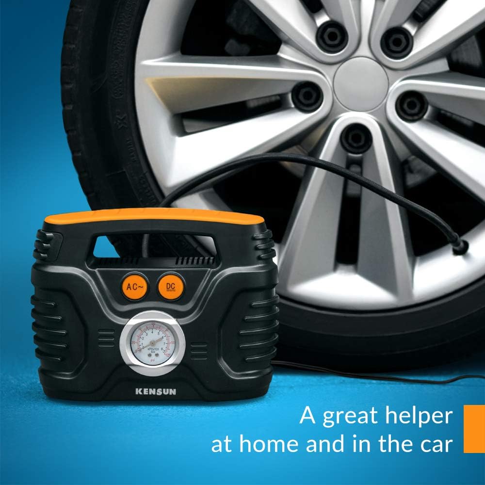 Kensun AC/DC Power Supply Portable Air Compressor Pump with Analog Display to 100 PSI for Home (110V) and Car (12V), Tire Inflator with Adaptors for Cars, Trucks, Bicycles, Balls: Home Improvement