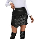 Floerns Women's PU Leather Bodycon Skirt Ruched High Waisted Asymmetrical Skinny Mini Skirts