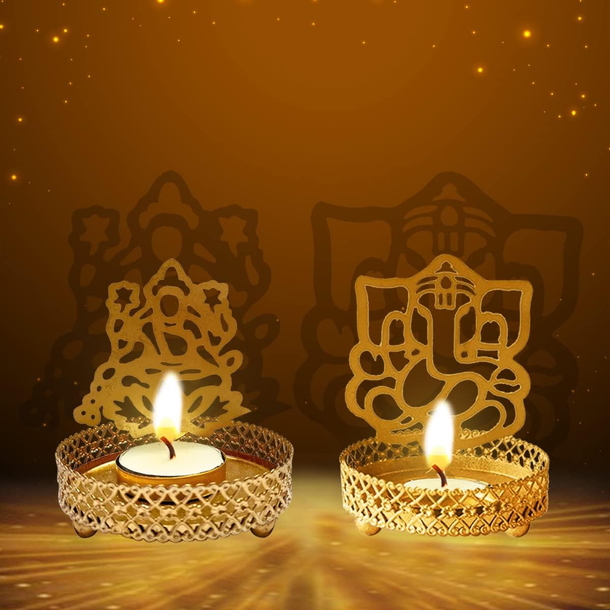 Oil Lamps & Accessories - SATVIK Lakshmi Ganesha Shadow Diya for Diwali Decoration Traditional Decorative Lakshmi Ganesh Luxmi Murti Statue Home/Office Religious Tea Light Candle Holder Stand Indian Return Gift Items
