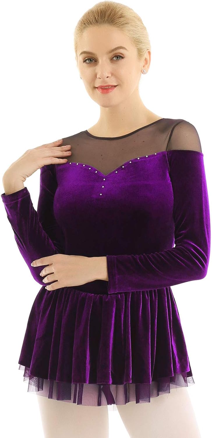 Agoky Women's Double Layer Mesh Shoulder Velvet Long Sleeve Dance Leotard Dress Figure Ice Skating Wrap Skirt: Clothing
