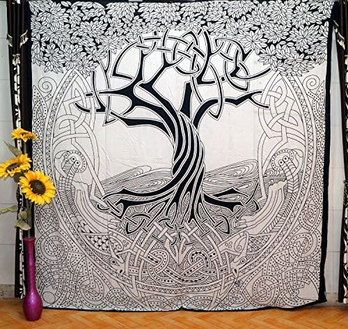 Black and White Celtic Tapestry, Indian Hippie Wall Hanging , Bohemian Bedspread, Mandala Cotton Dorm Decor Bedspread 94 x 86" inch