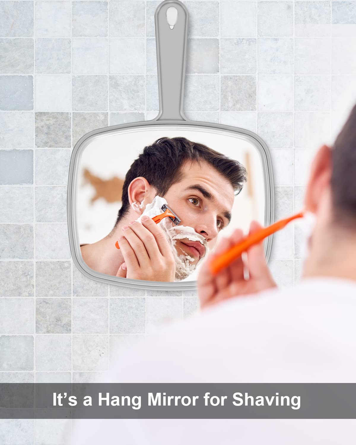PROTECLE Large Hand Mirror, Salon Barber Hairdressing Handheld Mirror with Handle (Square Grey10.3 x7.4)