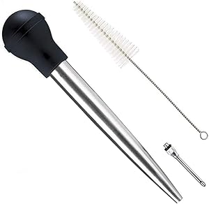 Home Servz 304 Stainless Steel Turkey Baster Syringe, Marinade Injector Needle with Cleaning Brush, Food Grade Silicone Bulb (Black)