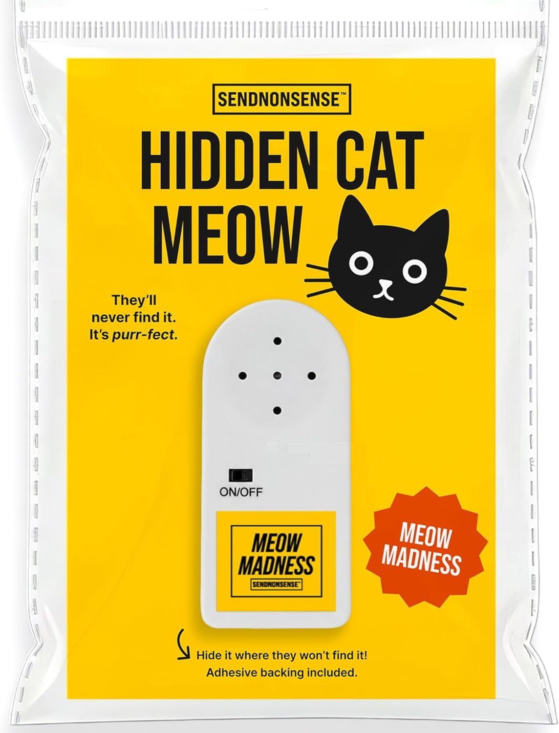 Hidden Cat Meow Prank Device – Random Meowing Sound Gag with Adhesive | Pranks for Adults | Funny Office, April Fools, Roommate, Family & Coworker Prank | Easy to Hide a Prank, Battery Included
