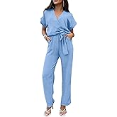 PRETTYGARDEN Women's One Piece Jumpsuits Dressy Casual Summer Short Sleeve Wrap V Neck Wide Leg Pants Romper Spring Clothes