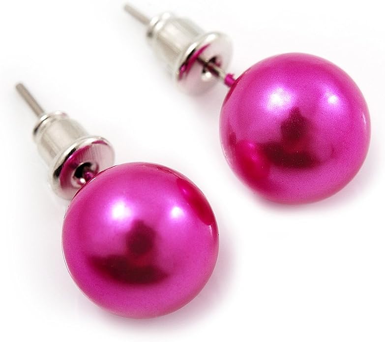 Deep Pink Lustrous Faux Pearl Stud Earrings (Silver Tone Metal) 9mm