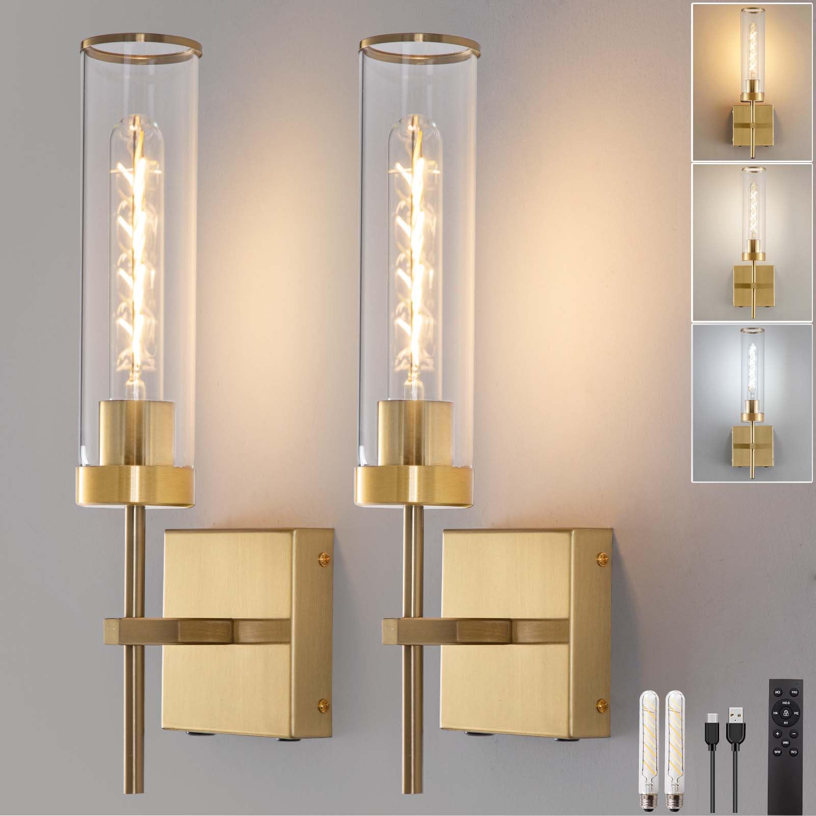 Photo 1 of Wall Sconces,Gold Battery Operated Wall Sconce Dimmable Touch 3000K/6000K 2 Color Bulbs 8000mAh Fast Chargin Endurance 100 Hours with Remote Control Wireless Wall Lights for Bedroom Living Room