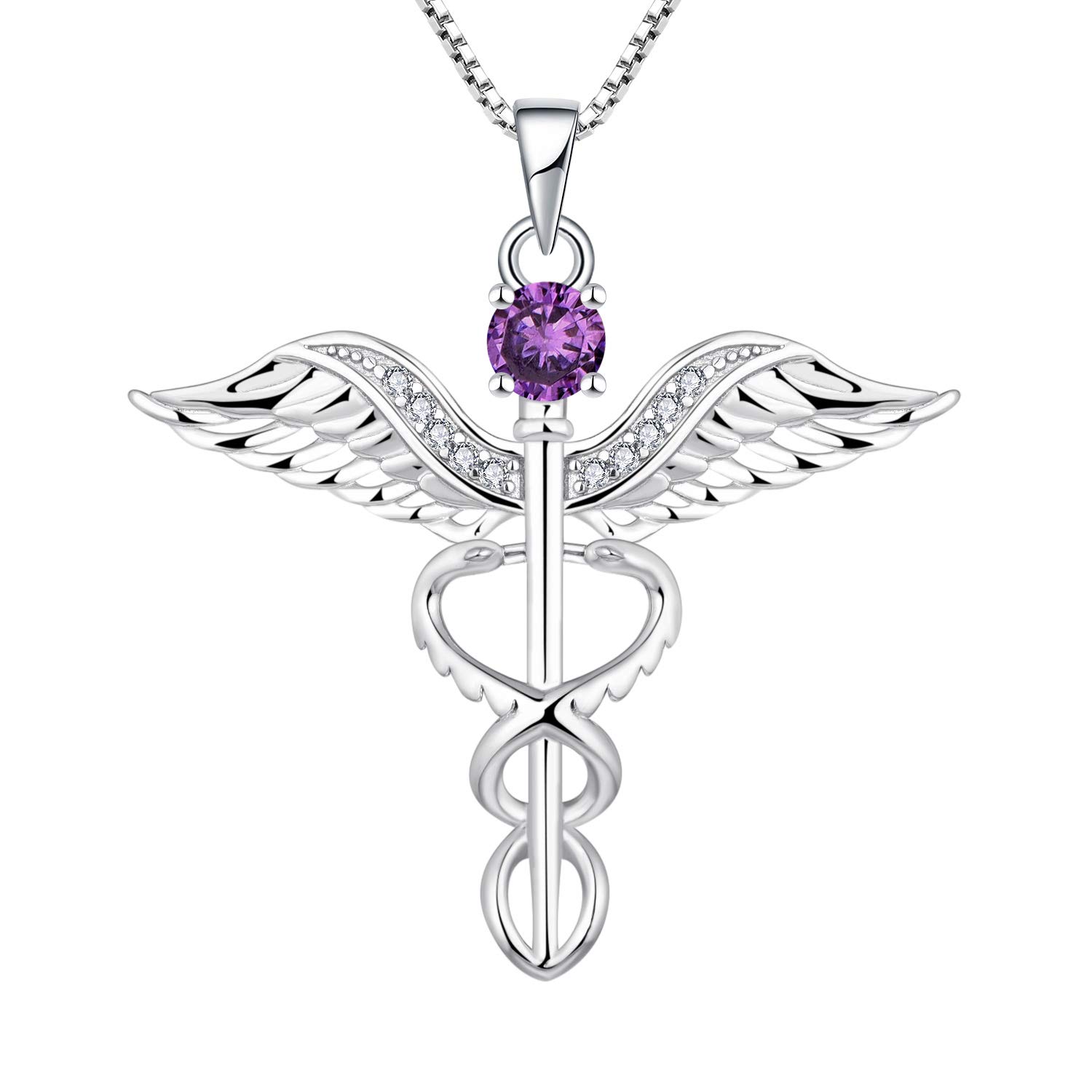 YL Nurse Necklace 925 Sterling Silver cut February Birthstone Amethyst Angel Wings Caduceus RN Registered Pendant Necklace
