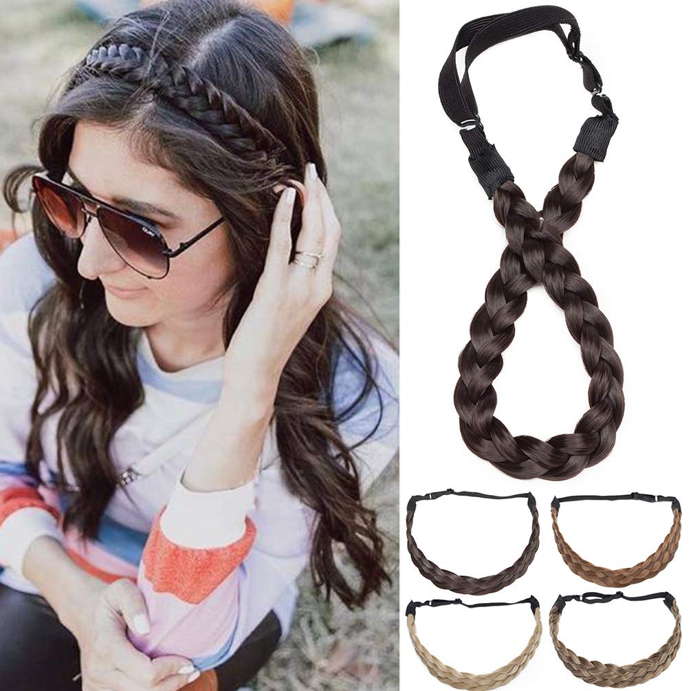 Hair Braided Hair Extensions Headband Classic Chunky Wide Plaited Braids Elastic Stretch Hairpiece Women Girl Beauty Accessory Width 0.6" - Dark Brown
