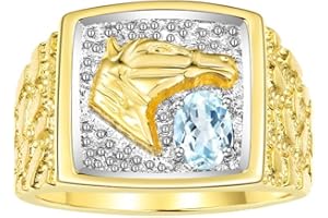 Rylos Men's Yellow Gold-Plated Sterling Silver Lucky Nugget Horse Head Ring with 6X4MM Gemstone and Diamonds - Birthstone Elegance for Men, Sizes 8-13 Available