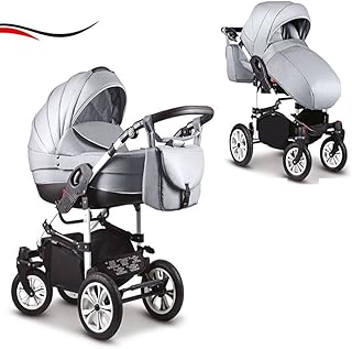 13 teiliges Qualitäts-Kinderwagenset 2 in 1"COSMO": Kinderwagen + Buggy + Schwenkräder - Mega-Ausstattung - all inclusive Paket in Farbe (C-3) HELLGRAU-SCHWARZ