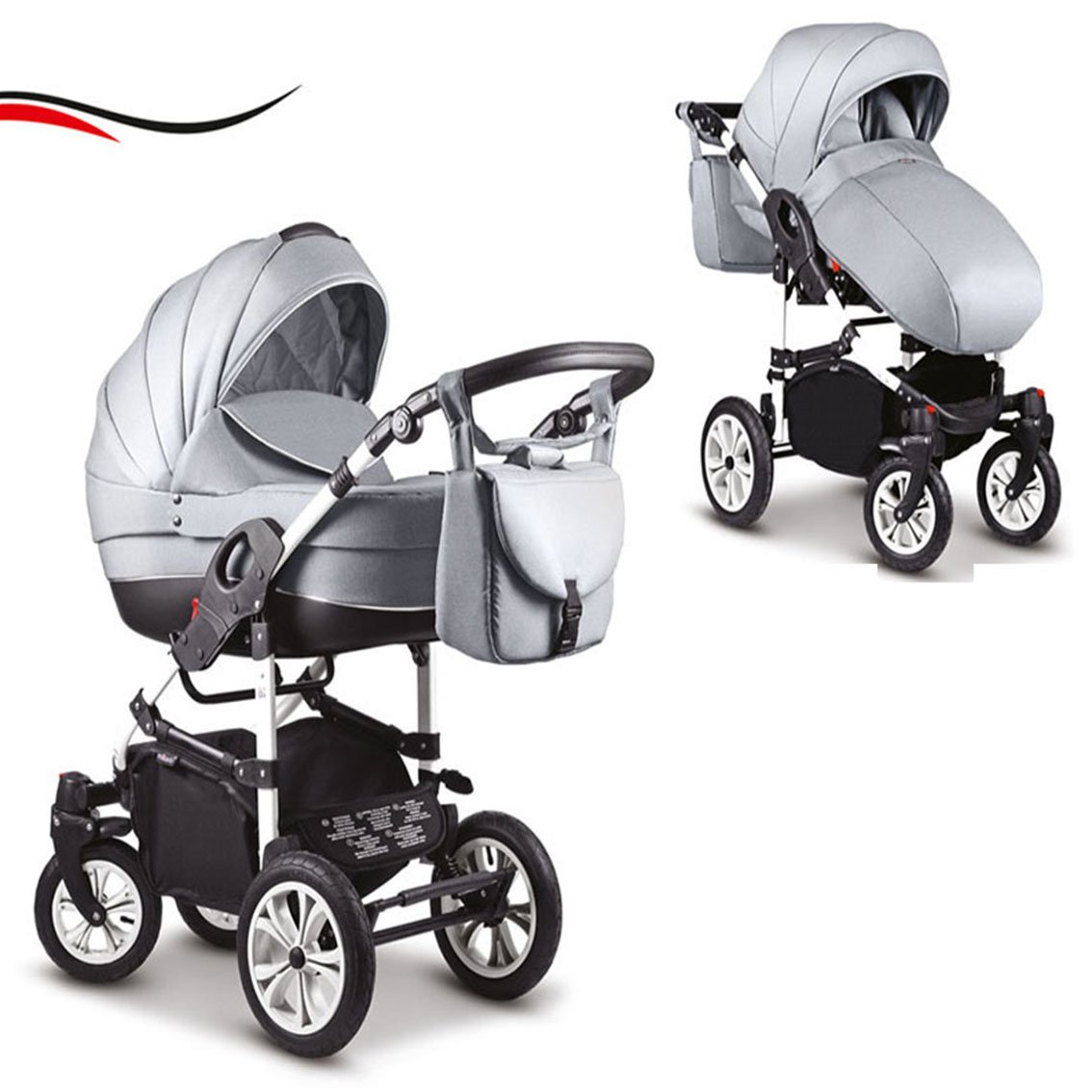 13 teiliges Qualitäts-Kinderwagenset 2 in 1"COSMO": Kinderwagen + Buggy + Schwenkräder - Mega-Ausstattung - all inclusive Paket in Farbe (C-3) HELLGRAU-SCHWARZ