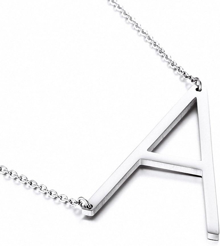 Jwoolw Stainless Steel Silver Sideways Big Initial Alphabet 26 Letters Name Pendant Chain Necklace From A-Z for Girls (Style A)