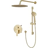 Gabrylly Shower System Gold, Slide Bar Shower Faucet Set with High Pressure 10" Rain Head and 5-Setting Handheld Spray, 2 Way Pressure Balance Valve with Trim Kit, Brushed Gold