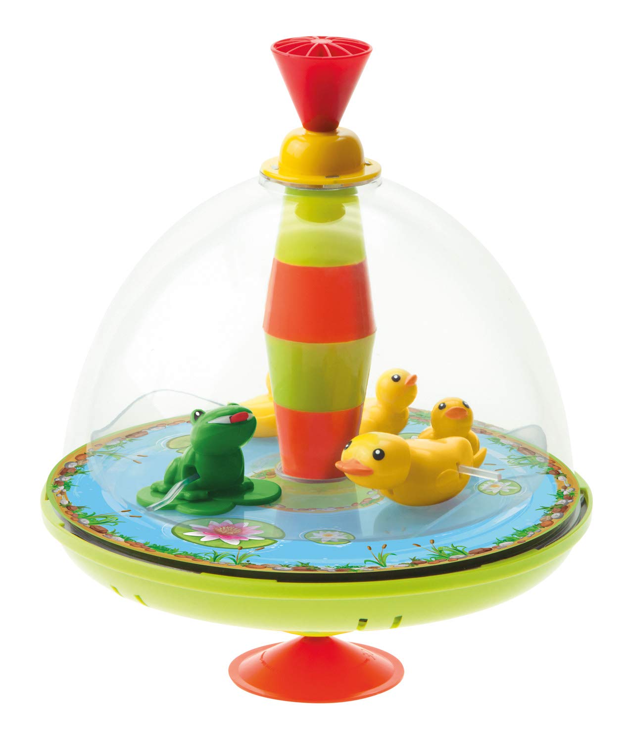 Lena tin toys 52130 - Panorama spinning top Duck Family approx. 19 cm Ø, plastic top, classic pumping top, musical top with duck motive, with stand, toy spinning top for children from 18 months