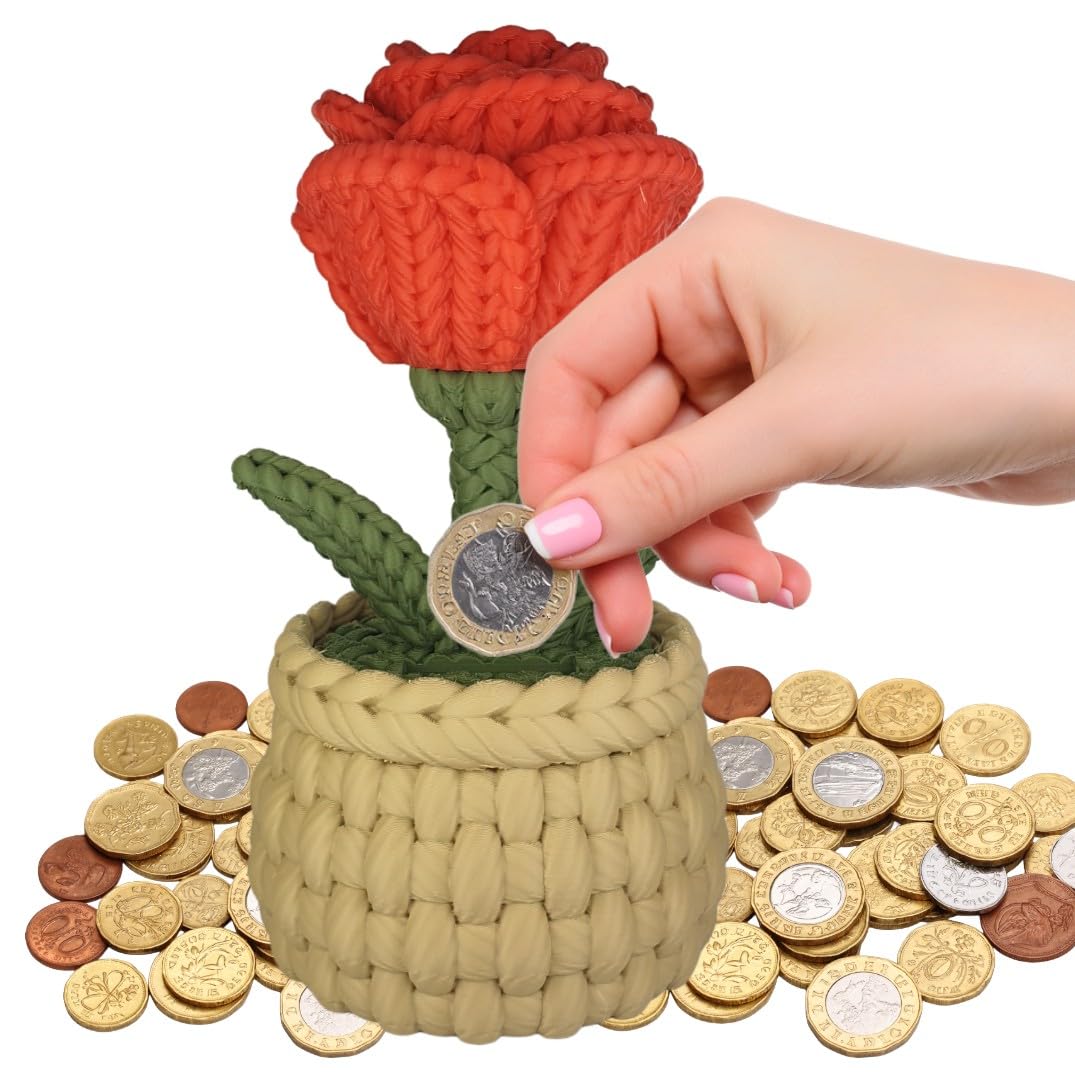 Flourish Money gROSE Money Box - 3D Printed Rose Crochet Style Flowers for Home Ornament and Room Decoration