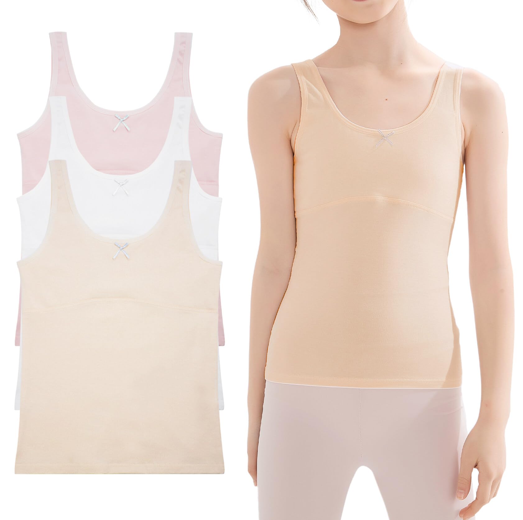 Photo 1 of SEAUR Kids Girls Cotton Undershirts Sleeveless Tank Top Seamless Cami Camisoles 3 Pack Stretch Comfort Tanks White Pink Nude 8-9 Years