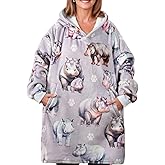 Huglanket Hippo Gifts for Girls Women, Hippopotamus Wearable Flannel Blanket Hoodie, Oversized Hooded Sweatshirt, One Size