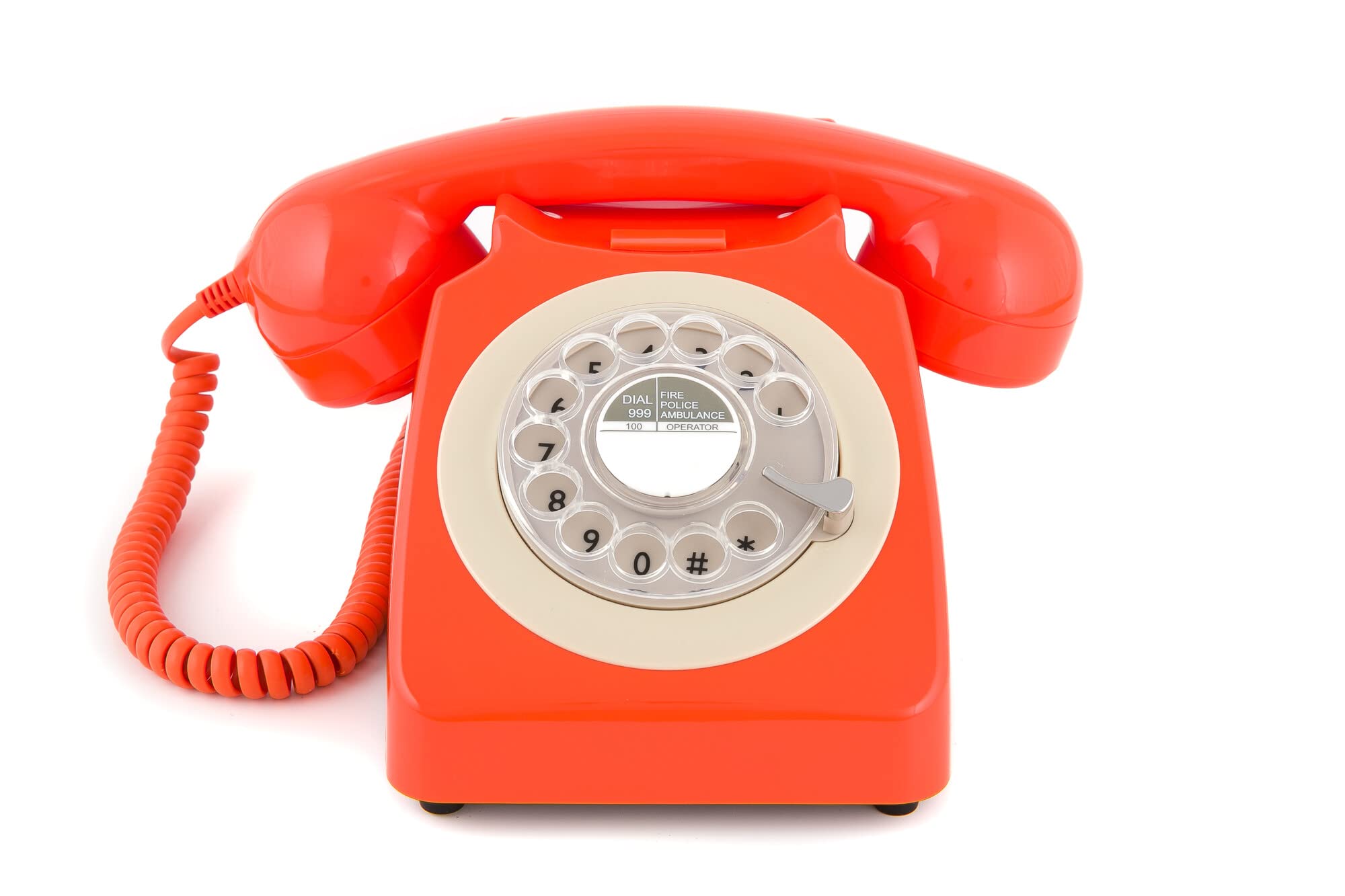 GPO 746 Rotary 1970s-Style Retro Landline Telephone, Classic Telephone with Ringer On/Off Switch, Curly Cord, Authentic Bell Ring for Home, Hotels- Orange