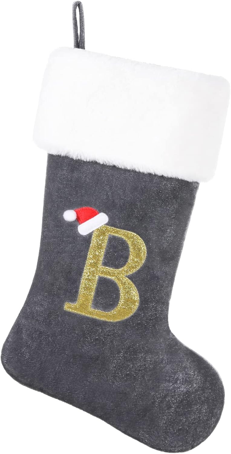 Stockings & Holders - SIRIPHUM 20 Inches Monogram Christmas Stocking Deluxe Grey Velvet Body with Super Soft Plush Cuff Embroidered Letter(B)