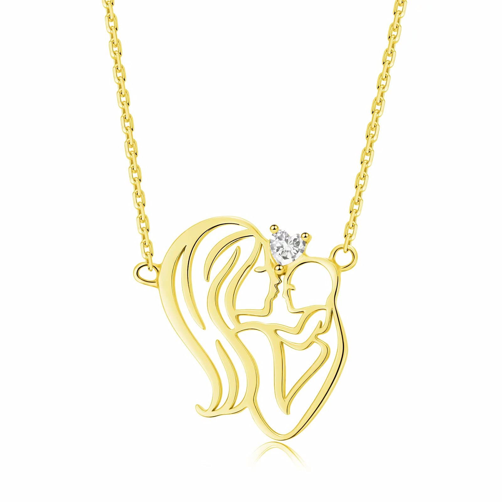 Qings Mother and Child Love Hug Necklace 925 Sterling Silver Gold Plated Heart Shaped Pendant with Sparkling Cubic Zirconia Adjustable as Gift for Mother Grandmother