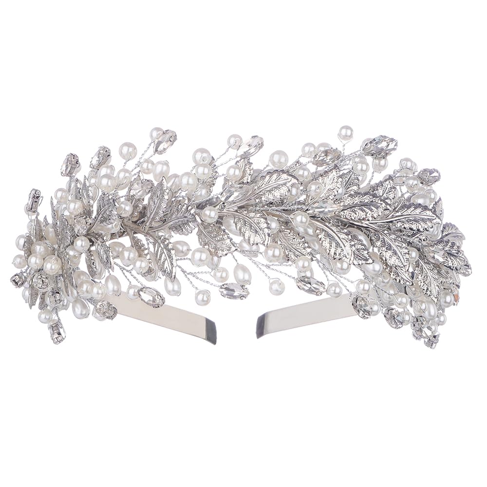 Kercisbeauty Leaves and Pearls Beaded Silver Hair Tiara for Wedding Brides Greek Princess Handmade Crown Women Girls Banquet Prom Queen Hair Accessories