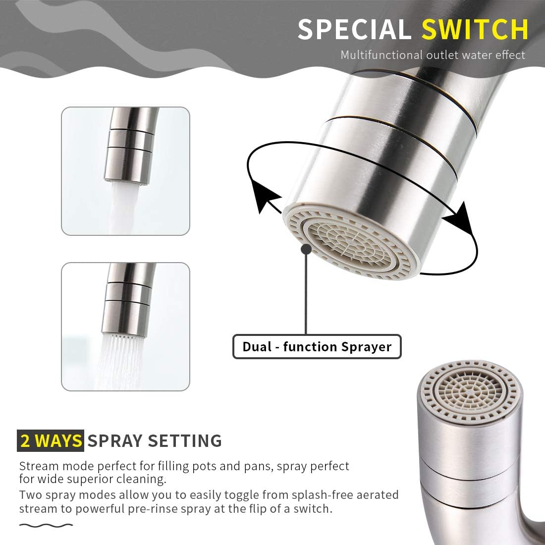 GIMILI Bar Sink Faucet Stainless Steel Kitchen Faucet One Hole Brushed Nickel, Single Handle 360 Degree Rotation Brushed Nickel Kitchen Sink Faucets - - 