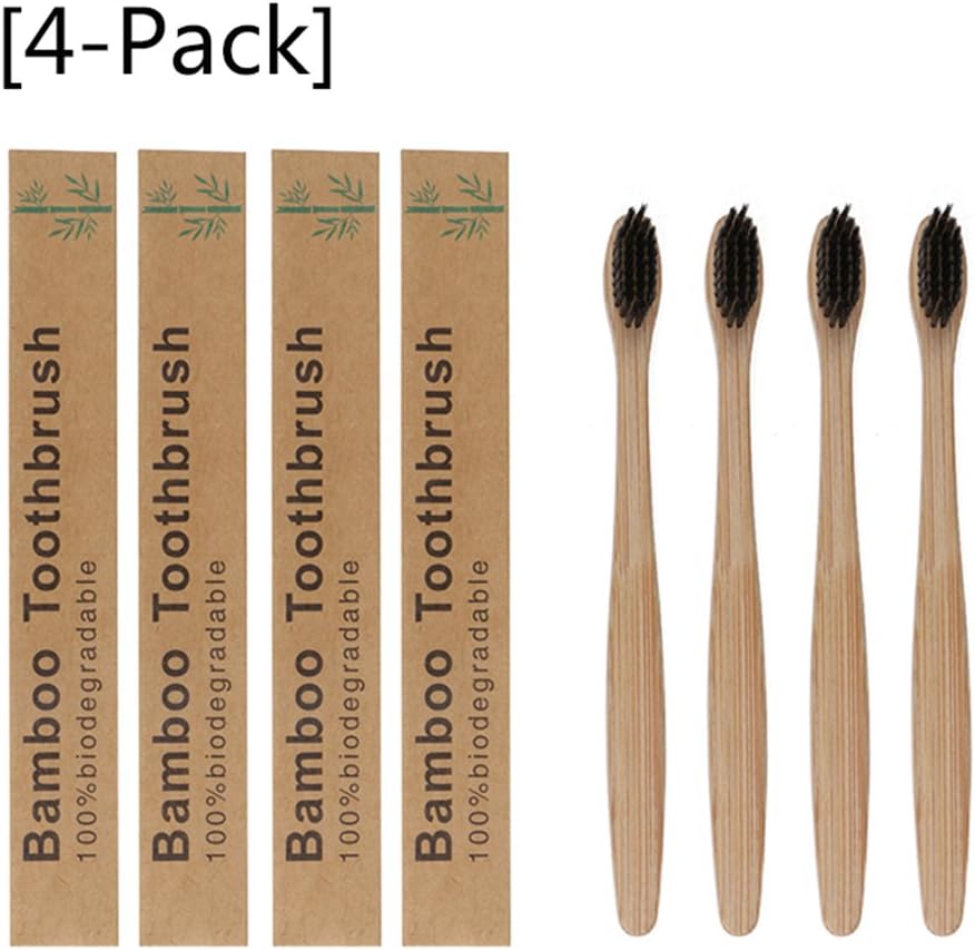 [4-Pack] Natural Bamboo Charcoal Toothbrush Kit Soft BPA Free Eco-Friendly Tooth Brush Free Nylon Medium Bristles For Sensitive Gums -Travel & Home!