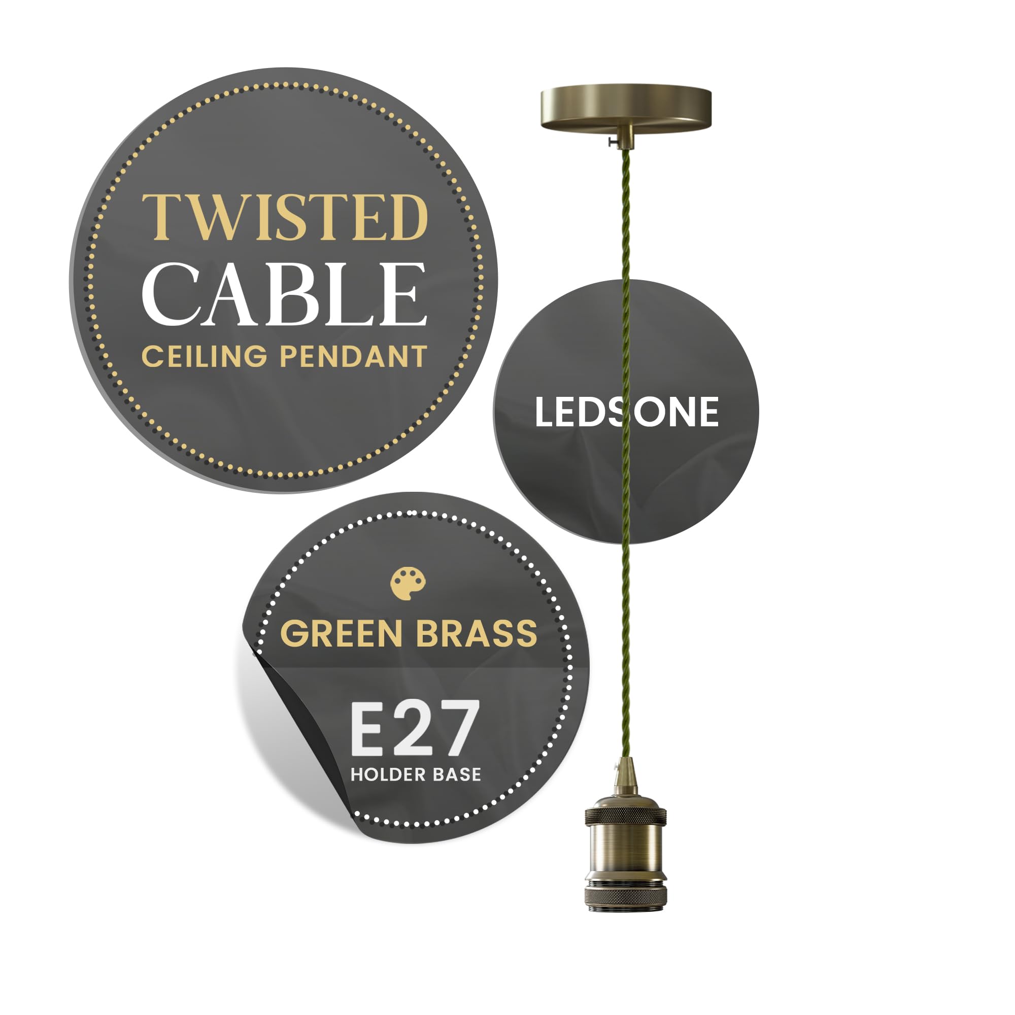 LEDSone Green Brass Vintage Pendant Light E27 – 1m Twisted Braided Cable Ceiling Lamp Holder Kit for Kitchen, Dining Room, Bar, Café & Loft